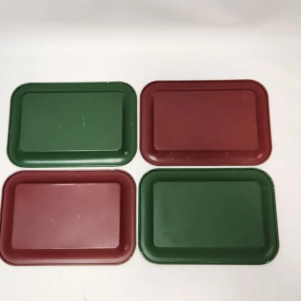 4 Vintage Hand Painted Floral Metal Trinket Tray Green Red Gold Folk Art Trays‎